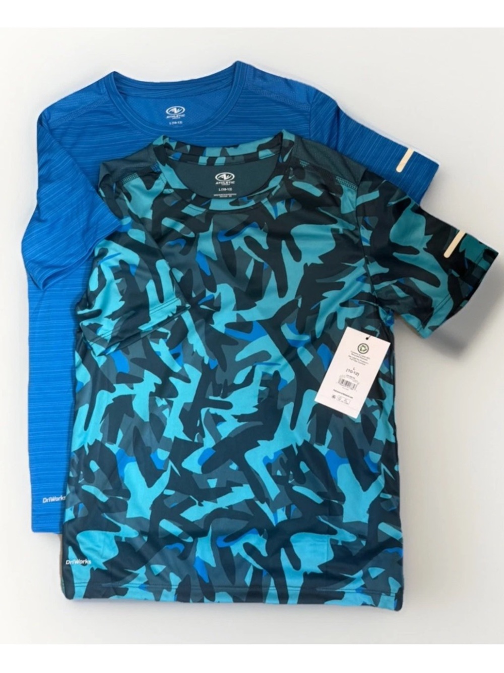 2 Athletic Works Boy’s Sz L (10/12) DriWorks Blue Teal Camo Performance Tops NWT